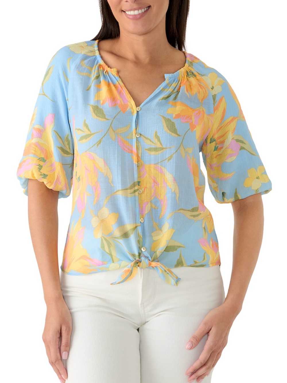 NWT Blue Floral Tie Front Puff Sleeve Blouse Size Medium 🩵🌸🌼